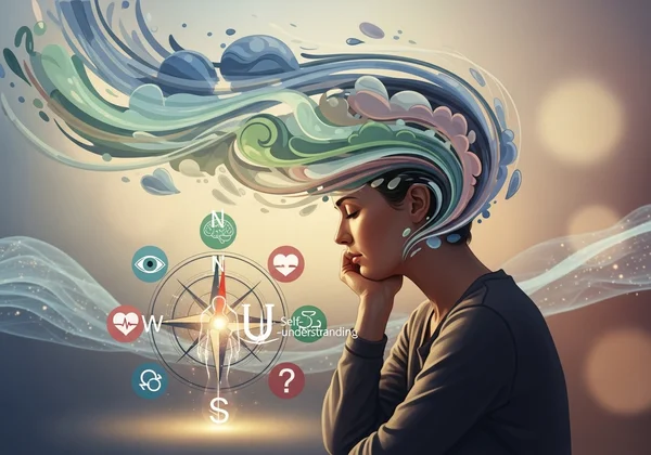 A person reflecting, guided by a psychological compass to insight