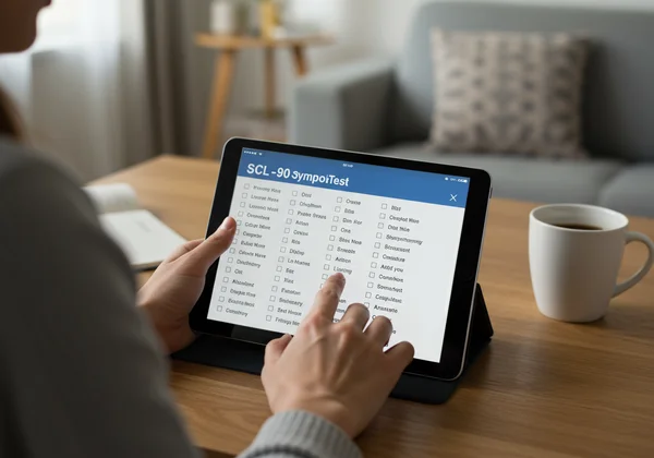 Person nimmt einen SCL-90 Psychologischen Test auf einem Tablet vor.