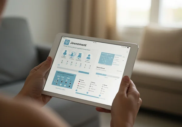 Person taking an online psychological screening test on a tablet