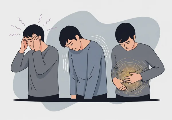 Person experiencing headache, fatigue, and stomach pain from stress